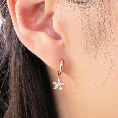 ダイヤモンド ピアス フープ ゴールド 18k フラワー 中折れ 揺れる k18 PG 誕生日 プレゼント 父の日の画像