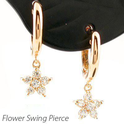 ダイヤモンド ピアス フープ ゴールド 18k フラワー 花 揺れる 中折れ k18 PG 誕生日 プレゼント 母の日 爆買 | 