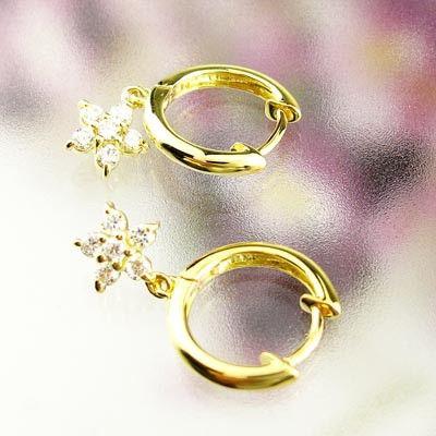 ダイヤモンド ピアス フープ ゴールド 18k フラワー 花 揺れる 中折れ k18 YG 誕生日 プレゼント 父の日の画像