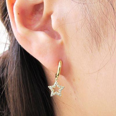 ダイヤモンド ピアス フープ ゴールド 18k スター 星 星形 揺れる 中