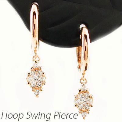 ダイヤモンド ピアス フープ ゴールド 18k ひし形 中折れ 揺れる スイング k18 PG 誕生日 プレゼント 母の日 | 