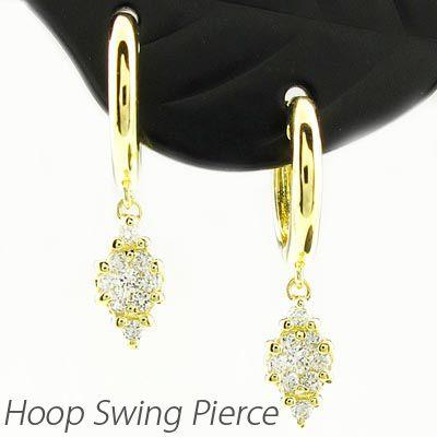 ダイヤモンド ピアス フープ ゴールド 18k ひし形 中折れ 揺れる スイング k18 YG 誕生日 プレゼント 母の日 | 