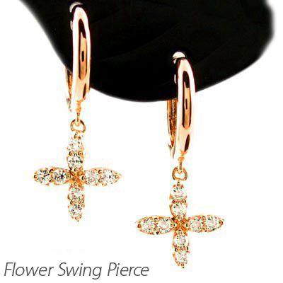 ダイヤモンド ピアス フープ ゴールド 18k フラワー 花 揺れる 中折れ k18 PG 誕生日 プレゼント 母の日 爆買 | 