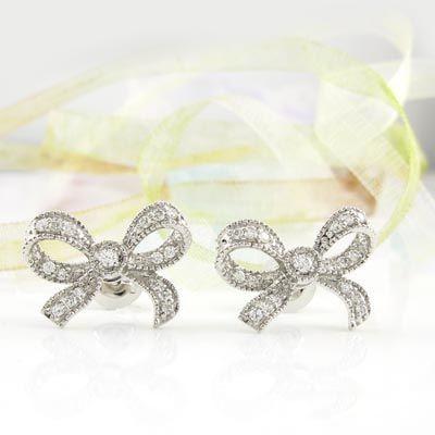 ダイヤモンド ピアス ゴールド 18k リボン アンティーク ミル 18金 k18 父の日の画像