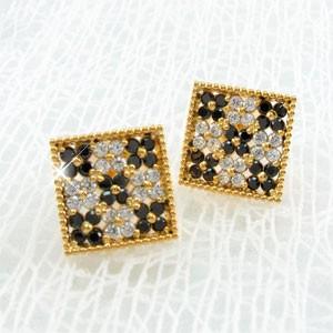 ブラックダイヤモンド ピアス ゴールド 18k パヴェ フラワー アンティーク ミル 18金 誕生日 プレゼント 父の日の画像