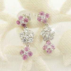 ダイヤモンド ピアス ゴールド 18k ピンクサファイア フラワー 花 揺れる 3連 18金 k18 父の日の画像