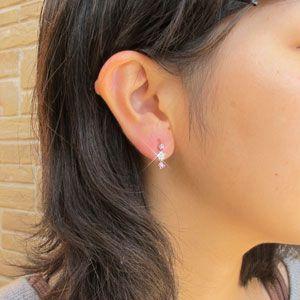 ダイヤモンド ピアス ゴールド 18k ピンクサファイア フラワー 花 揺れる 3連 18金 k18 父の日の画像
