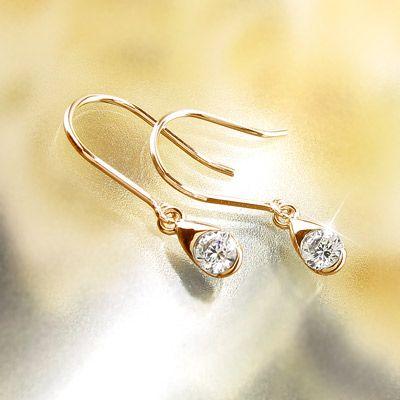 フックピアス ゴールド 18k ダイヤモンド ドロップ つゆ 一粒 揺れる アメリカン18金 父の日の画像