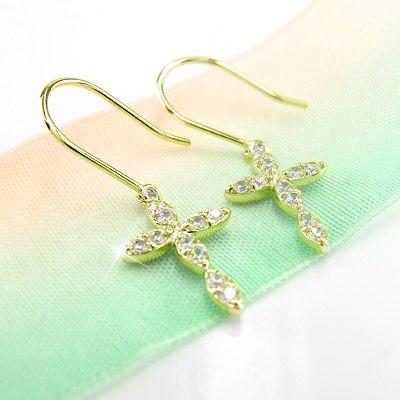ピアス ゴールド 18k ダイヤモンド クロス 十字架 揺れる 18金 k18 YG 誕生日 プレゼント 父の日の画像
