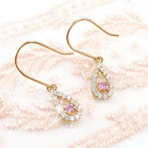 ダイヤモンド ピアス ゴールド 18k ピンクサファイア ドロップ つゆ 18金 k18 PG揺れる 父の日の画像