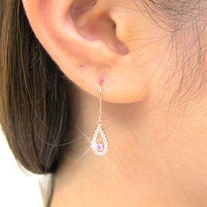 ダイヤモンド ピアス ゴールド 18k ピンクサファイア ドロップ つゆ 18金 k18 PG揺れる 父の日の画像