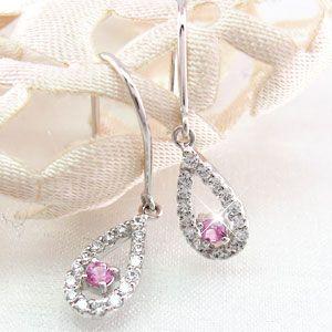 ダイヤモンド ピアス ゴールド 18k ピンクサファイア ドロップ つゆ 18金 揺れるk18 父の日の画像