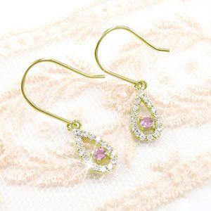 ダイヤモンド ピアス ゴールド 18k ピンクサファイア ドロップ つゆ 18金 k18 YG揺れる 父の日の画像