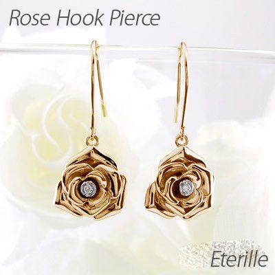 ピアス ゴールド 18k ダイヤモンド ローズ 薔薇 フラワー 花 一粒 揺れる k18 PG 誕生日 プレゼント 母の日 爆買 | 