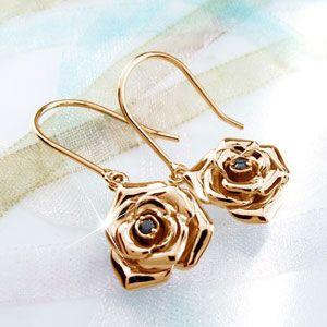 ブラックダイヤモンド ピアス ゴールド 18k ローズ 薔薇 フラワー 花 一粒 揺れる 18金 k18 PG 誕生日 プレゼント 父の日の画像