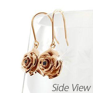 ブラックダイヤモンド ピアス ゴールド 18k ローズ 薔薇 フラワー 花 一粒 揺れる 18金 k18 PG 誕生日 プレゼント 父の日の画像