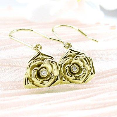ピアス ゴールド 18k ダイヤモンド ローズ 薔薇 フラワー 花 一粒 揺れる k18 YG 誕生日 プレゼント 父の日の画像