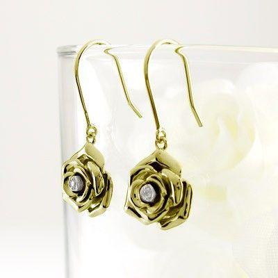 ピアス ゴールド 18k ダイヤモンド ローズ 薔薇 フラワー 花 一粒 揺れる k18 YG 誕生日 プレゼント 父の日の画像