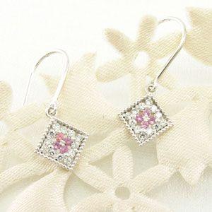 ダイヤモンド ピアス ゴールド 18k ピンクサファイア アンティーク ミル フラワー パヴェ 18金 父の日の画像