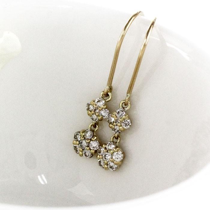フックピアス イエローゴールド 18k ダイヤモンド フラワー 花 揺れる 2連 18金 k18 YG 誕生日 プレゼント 父の日の画像