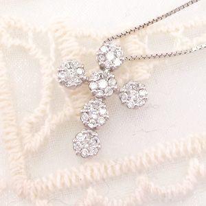 クロス ネックレス レディース ダイヤモンド プラチナ 900 ペンダント 十字架 フラワー 花 ミステリー 誕生日 プレゼント 父の日の画像