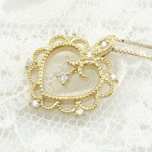 ハート ネックレス ダイヤモンド ゴールド 18k ペンダント アンティーク ミル 揺れる 18金 誕生日 プレゼント 父の日の画像