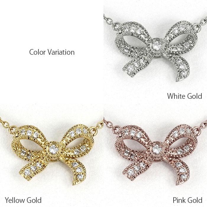 ダイヤモンド ネックレス レディース ゴールド 18k ペンダント リボン アンティーク ミル 18金 誕生日 プレゼント 父の日の画像