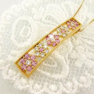 ネックレス ダイヤモンド ゴールド 18k ピンクサファイア ペンダント フラワー 花 ミル 18金 誕生日 プレゼント 父の日の画像