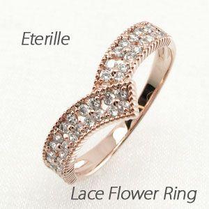 パヴェリング 指輪 レディース ダイヤモンド ゴールド 18k V字 アンティーク ミル フラワー 透かし バレンタイン | 