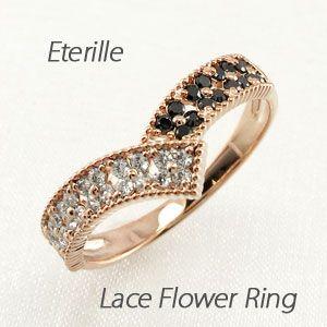 ブラックダイヤモンド リング 指輪 ゴールド 18k アンティーク ミル フラワー 透かし パヴェ ブラック バレンタイン | 