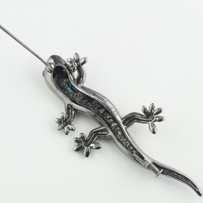 ブローチ ヤモリ 家守 ゲッコー 爬虫類 シルバー SV925 エメラルド