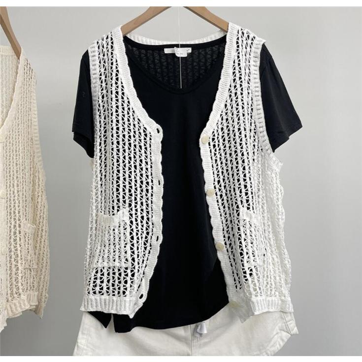 サマーベスト レディース ベスト レイヤード風 ニット 彫り サマーニット 重ね着風 メッシュ 透けし