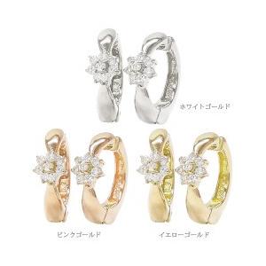 ｋ18 ダイヤモンド イヤリング フラワー ダイヤ 0.1ct 18金ゴールド 中折れ式 フープ 花 レディース アクセサリーの画像