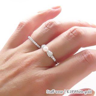 指輪 パール リボン アコヤ真珠 リング 18金 ダイヤモンド 0.27ct 真珠 k18ゴールド レディース ジュエリー アクセサリーの画像