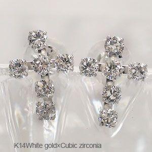 クロス 十字架 ピアス キュービックジルコニア ｋ14ホワイトゴールド レディース ジュエリー アクセサリー
