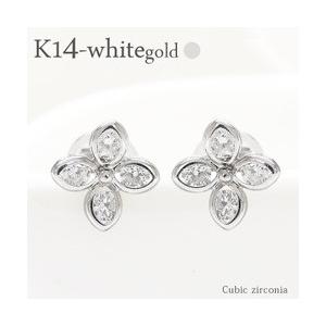 ｋ14ホワイトゴールド フラワーピアス キュービックジルコニア スタッドピアス 14金ゴールド 花 レディース アクセサリー