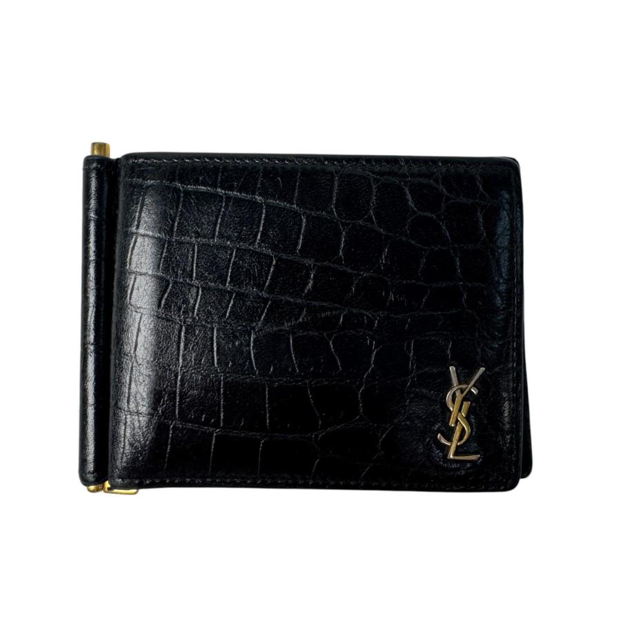 【美品】サンローラン マネークリップ クロコ ブラック黒 YSL カサンドラ Yves Saint Laurent（イヴ・サンローラン） マネークリップ 二つ折り