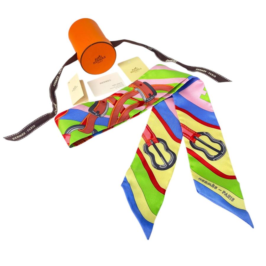 中古】美品 エルメス HERMES レディース ツイリー ベルト柄 シルク 箱 
