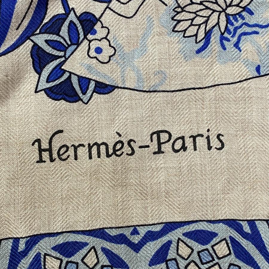 美品 HERMES トライアングルジェアン 花咲く織物 カシミヤ シルク