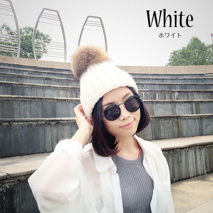 ラクーンファーポンポン付き ざっくり ニット帽 帽子 : etiishop