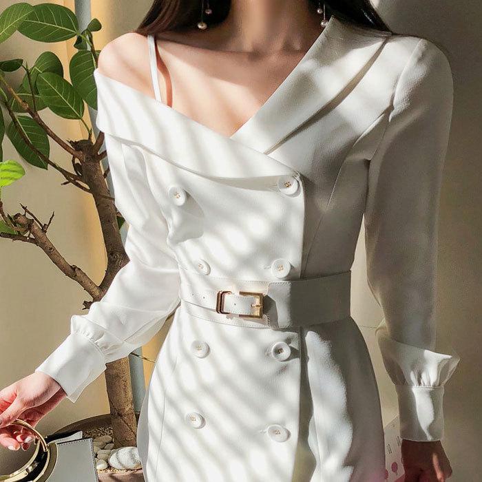 ワンピース おしゃれ 大きめ ショート 肩出し 長袖 きれいめ