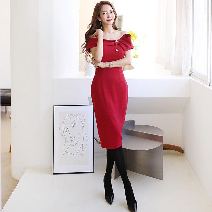 ワンピース 肩出し オフショル 結婚式 赤 きれいめ おっしゃれ タイト 細見え スリム ミディアム 膝丈 ドレス J01ks2 6304 エトワール神戸 通販 Yahoo ショッピング