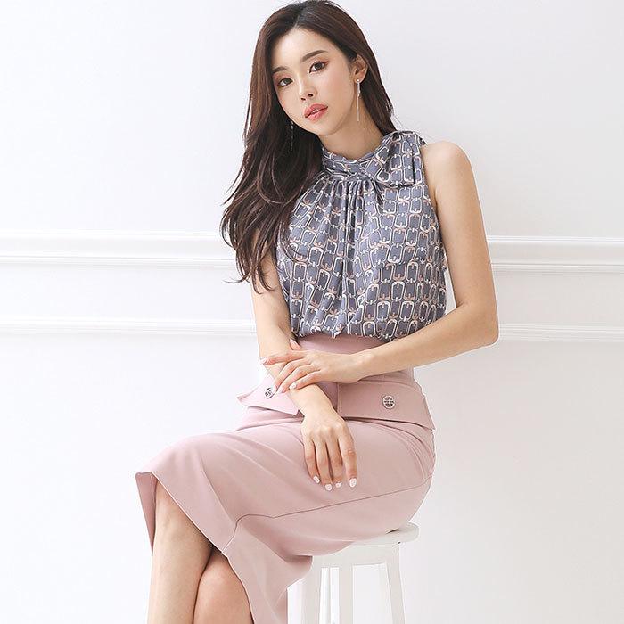 セットアップ ブラウス ノースリーブ 膝丈 ミディアム タイト スカート おしゃれ リゾート 韓国 ドレス パーティー 春 夏 :j05ks5