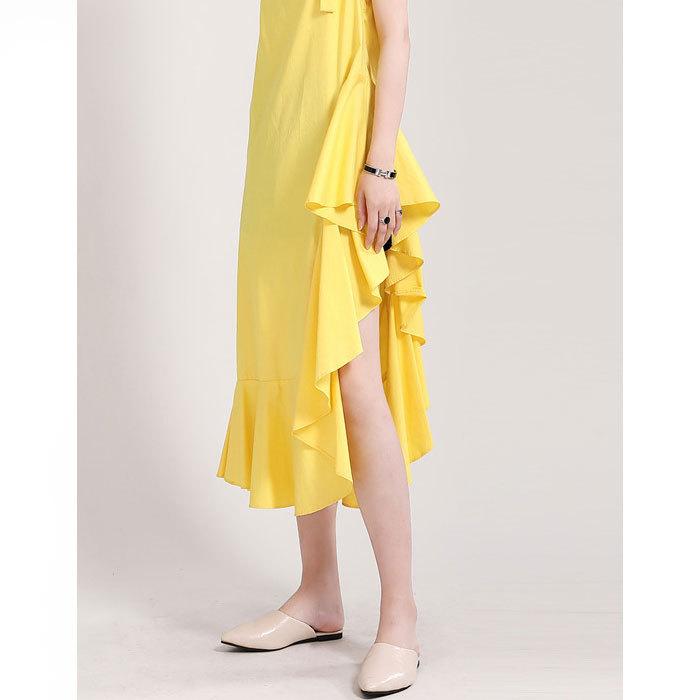 ワンピース ヘムライン ロング フリル ノースリーブ おしゃれ