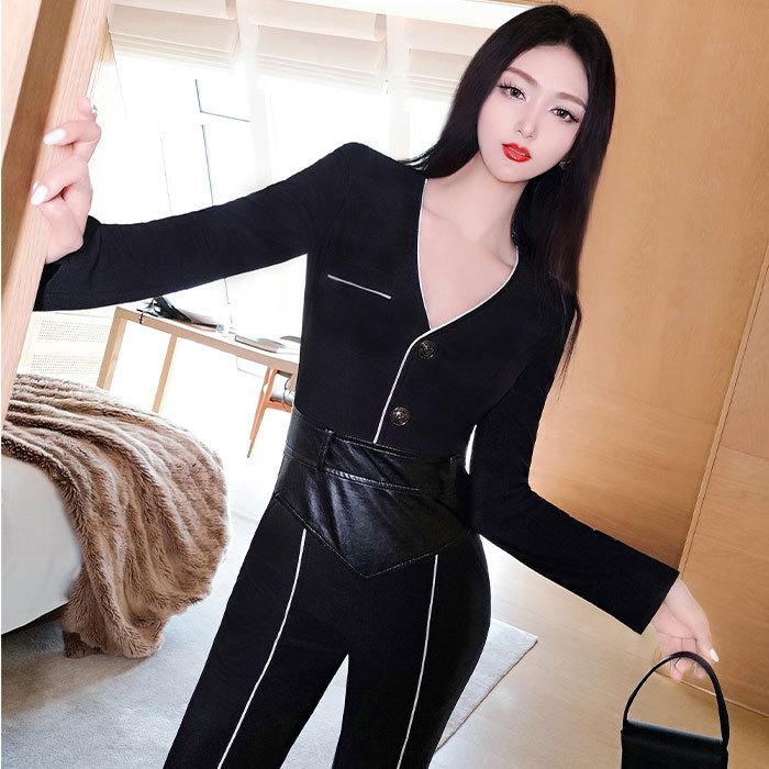 パンツドレス オールインワン パフスリーブ ストレート 韓国 サイドライン 胸元開き 長袖ストレートロングパンツ