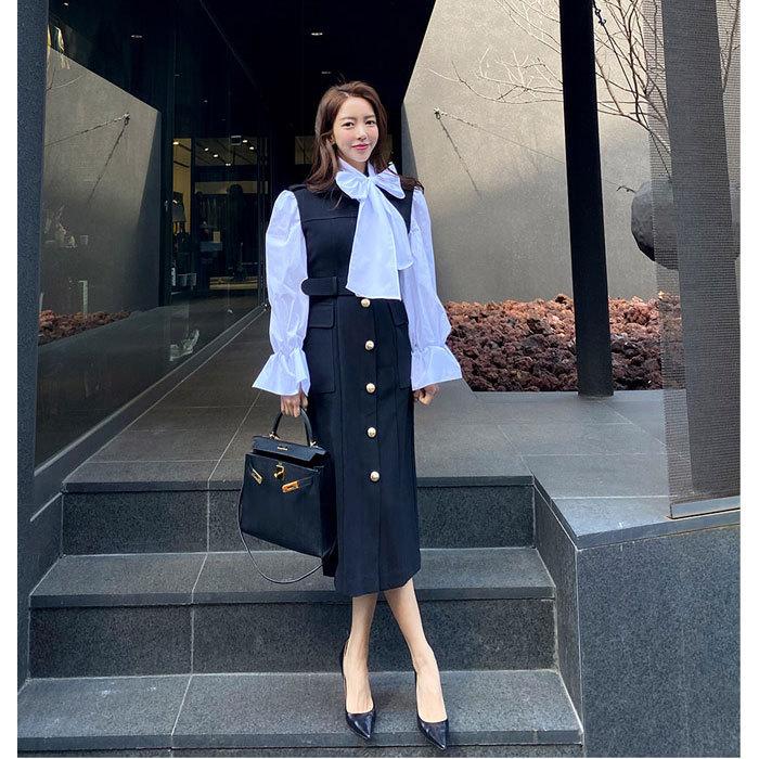 大きめリボン長袖ブラウス 前ボタンワンピース セット 黒×白 韓国