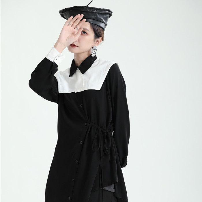 長袖 ロング ワンピース モード系 黒 韓国 ドレス レディース 秋