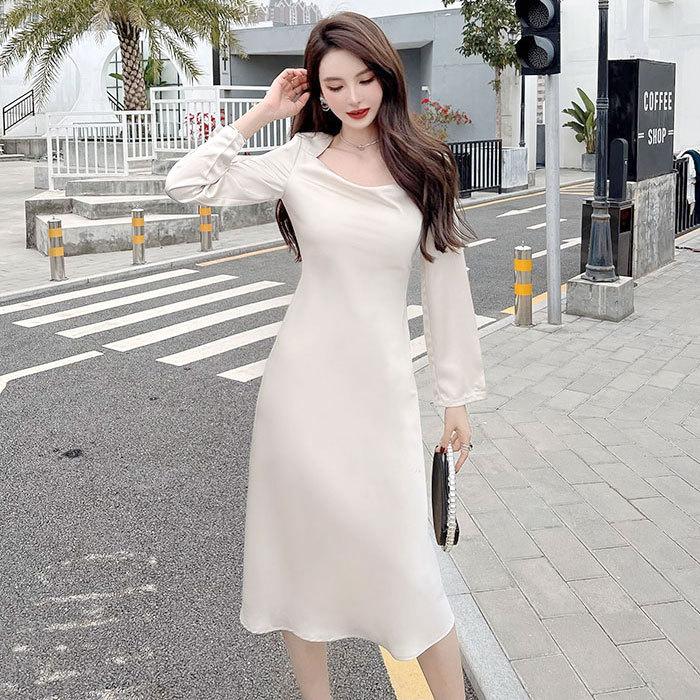 ワンピース ハイウエスト 長袖 ドレス パーティー 結婚式 袖あり 膝丈  