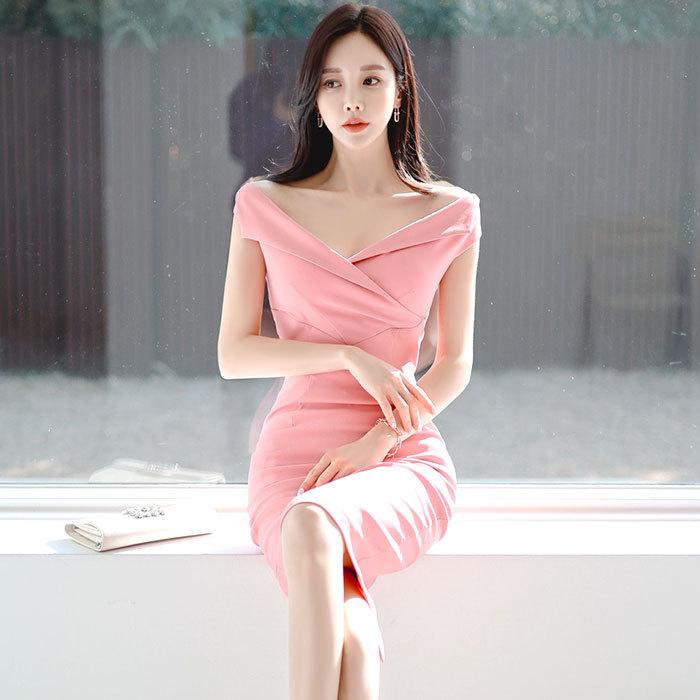 Tiara韓国ドレス　ノースリーブ膝丈ドレス　サーモンピンク　Sサイズ cd-k05964t.jpg