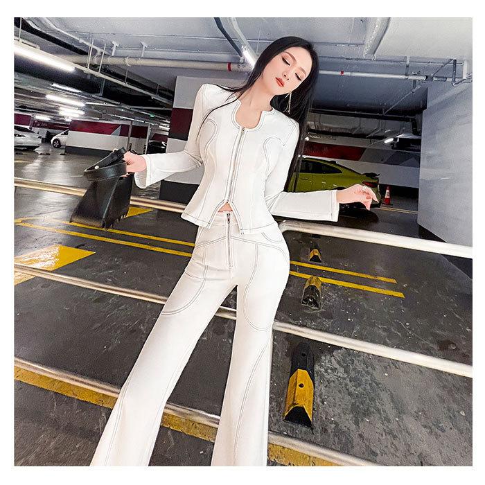 セットアップ レディース 秋 カジュアル 韓国 ホワイト Vネック
